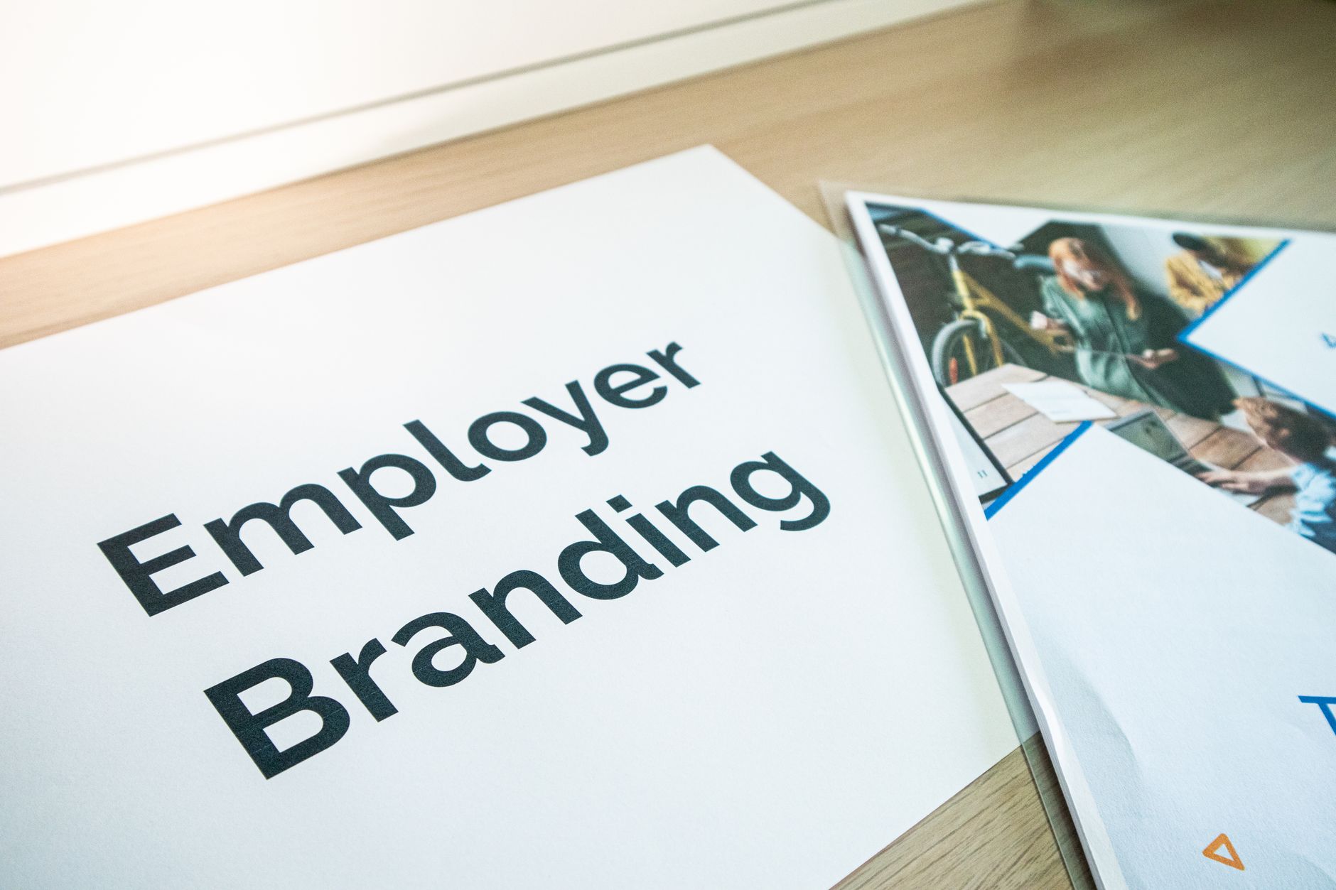 Printed brand identity sheets with logo sketches and colour swatches spread across a desk