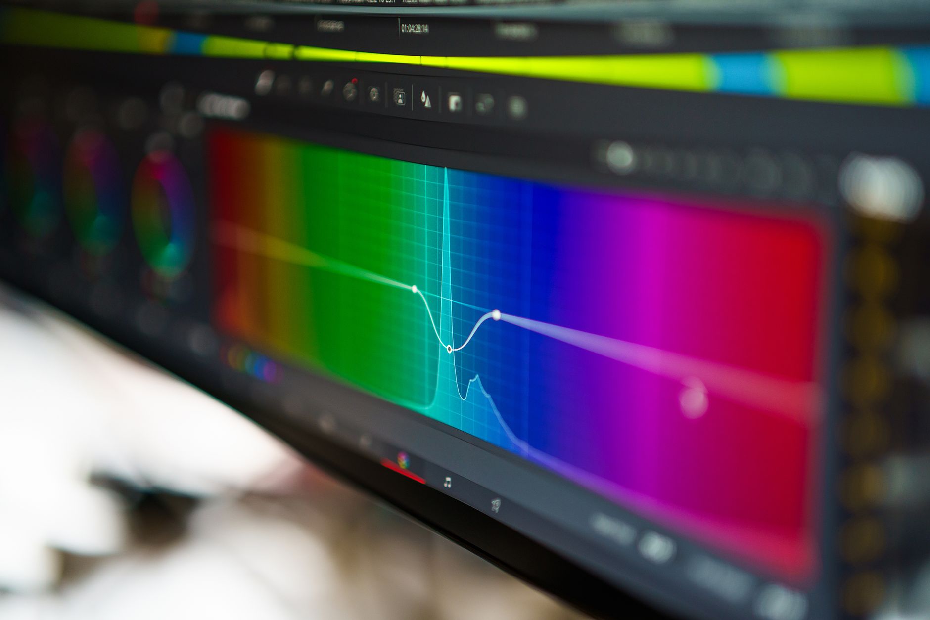 An editing workstation with a video timeline and colour panels on a pair of monitors in a dim studio