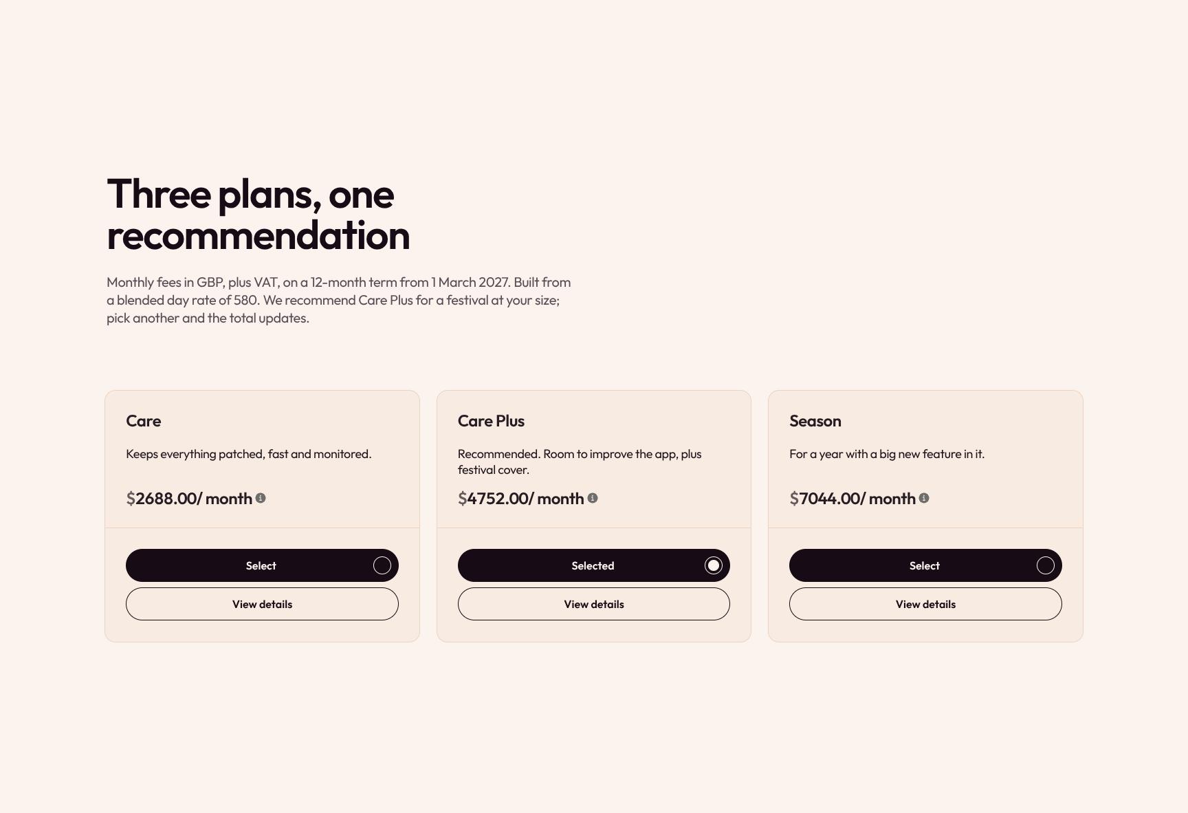 Care Plan Pricing Tiers with Recommended Option