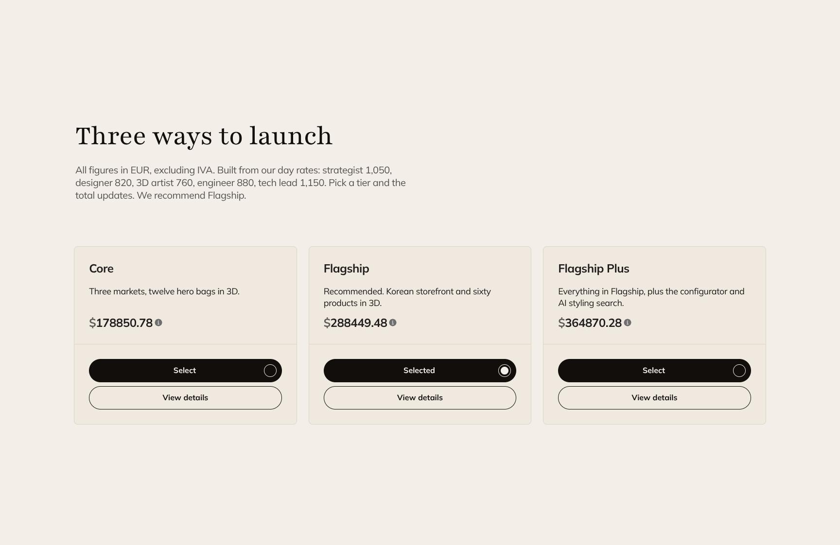 Interactive Pricing: Three Launch Tiers in EUR with Live Totals