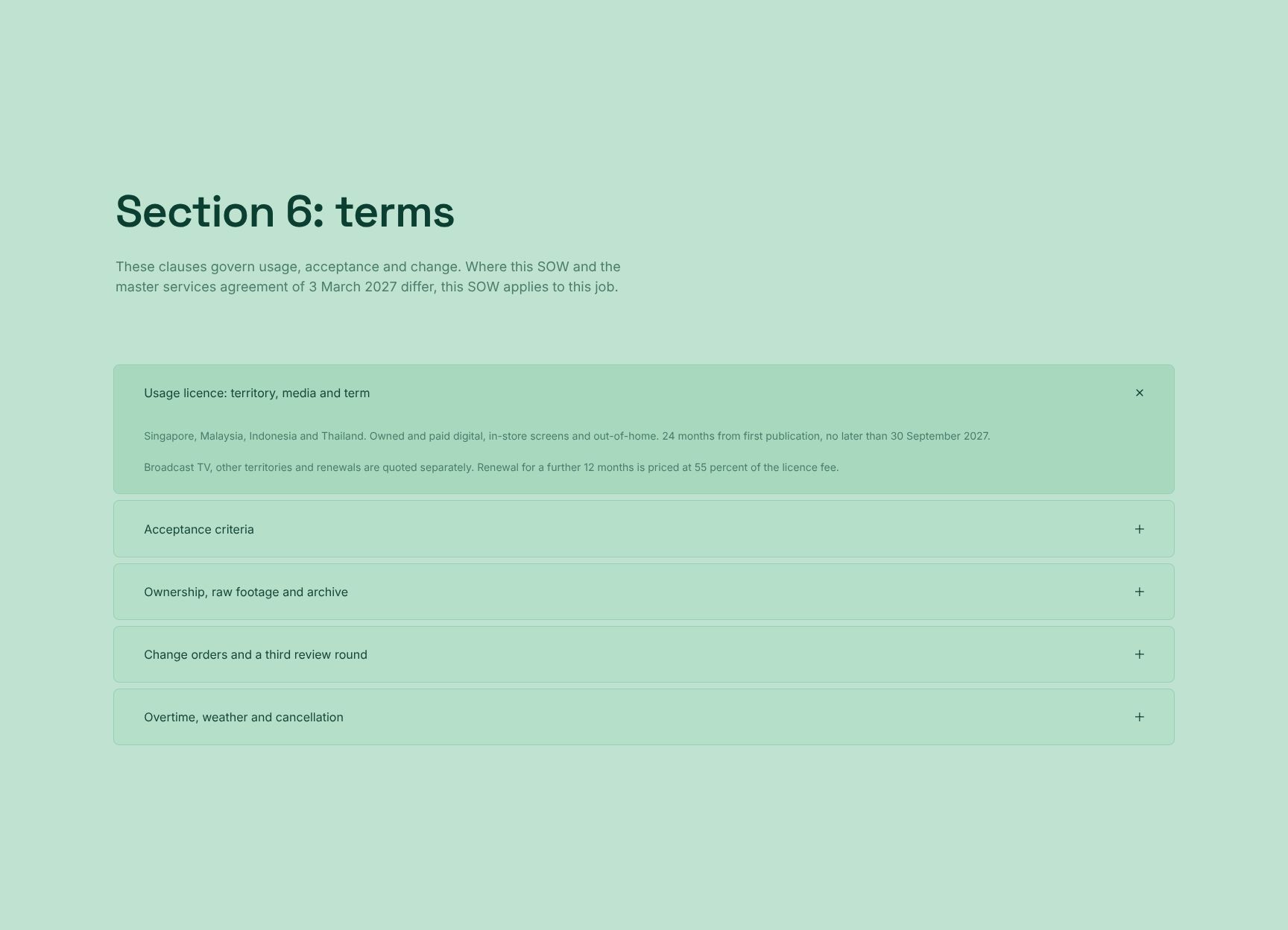Conditions du contrat : usage, recette et modifications