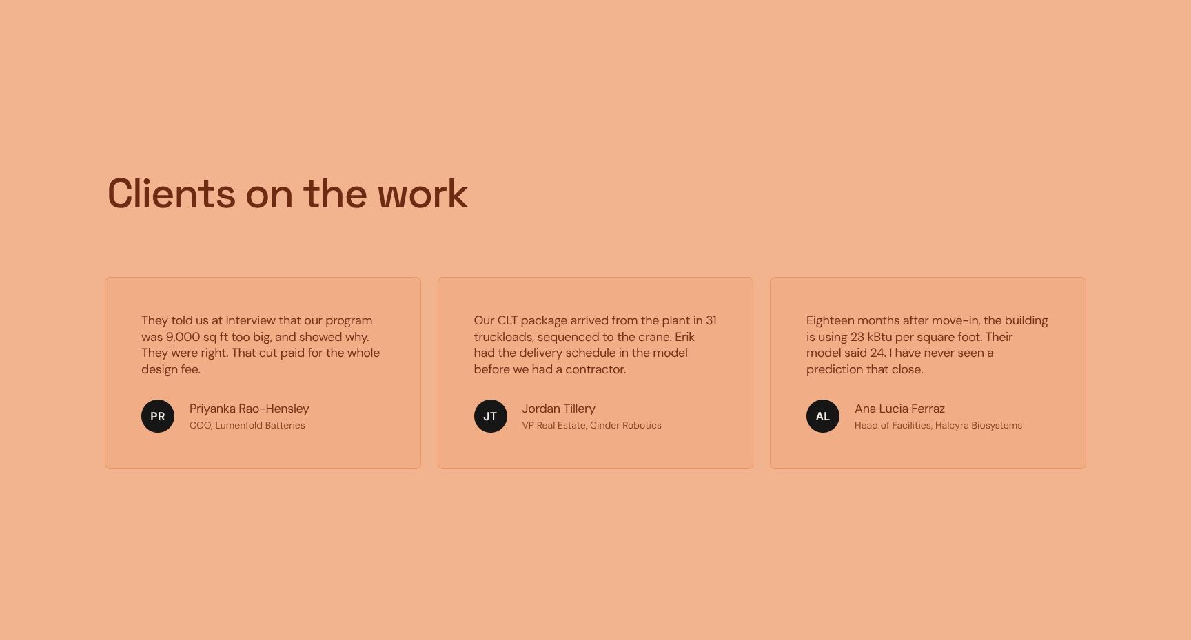 Client Testimonials from Mass-Timber and Cleantech Projects