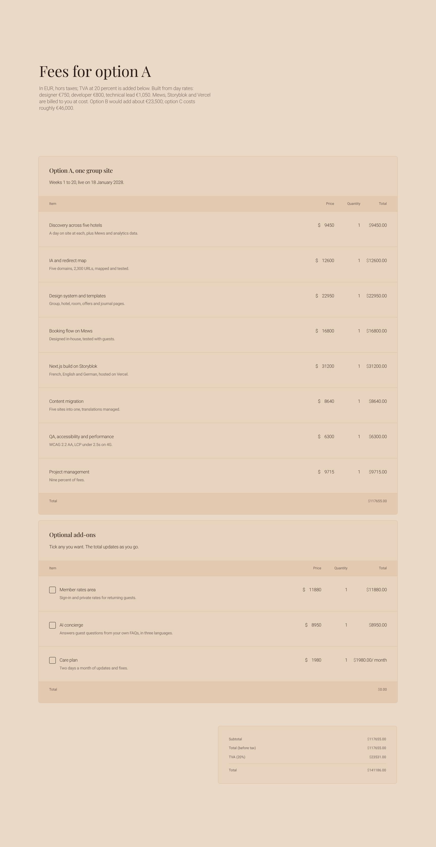 Transparent Fees and Day-Rate Pricing for Option A