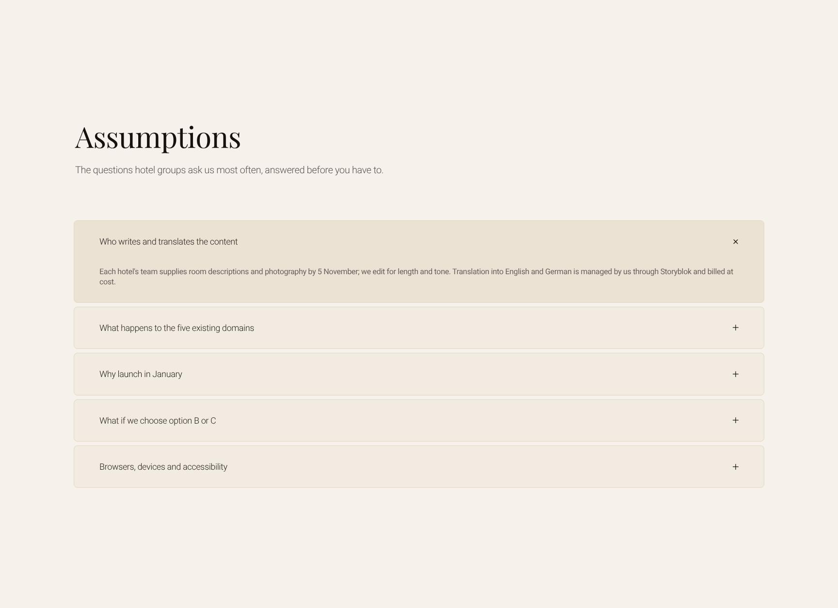 Project Assumptions and Hotel Group FAQ