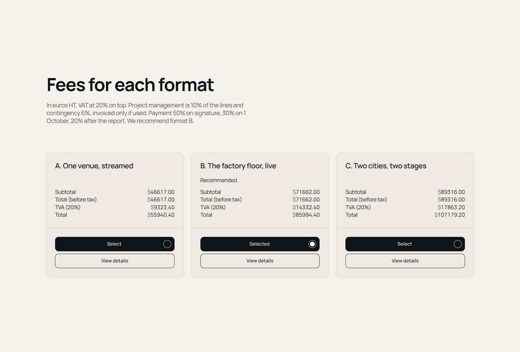Transparent Event Fees and Pricing by Format