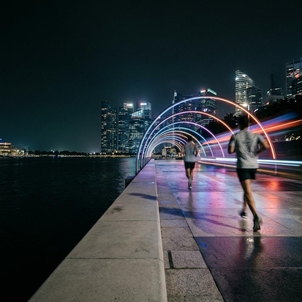 Night runners under coloured light arches