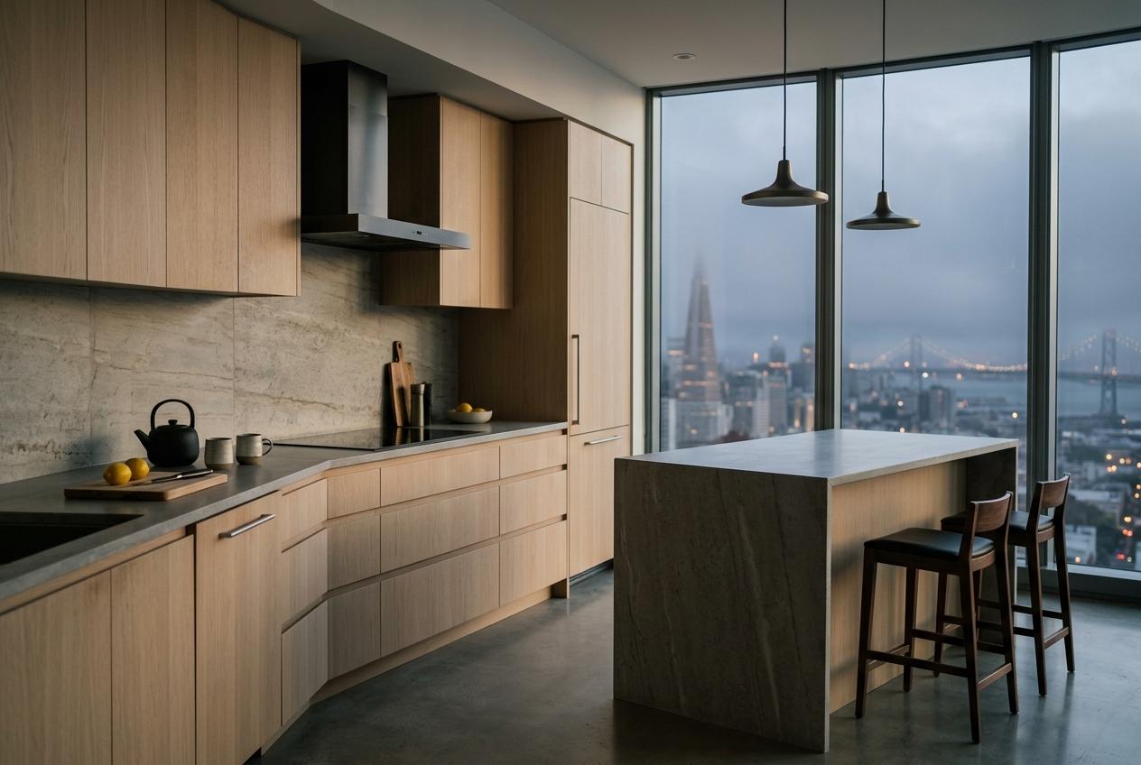 Apartment kitchen at dusk