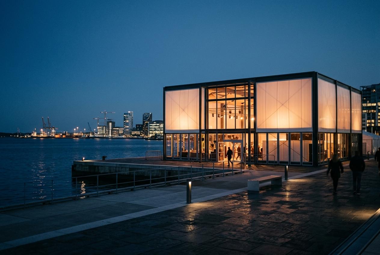Temporary festival hall lit at dusk