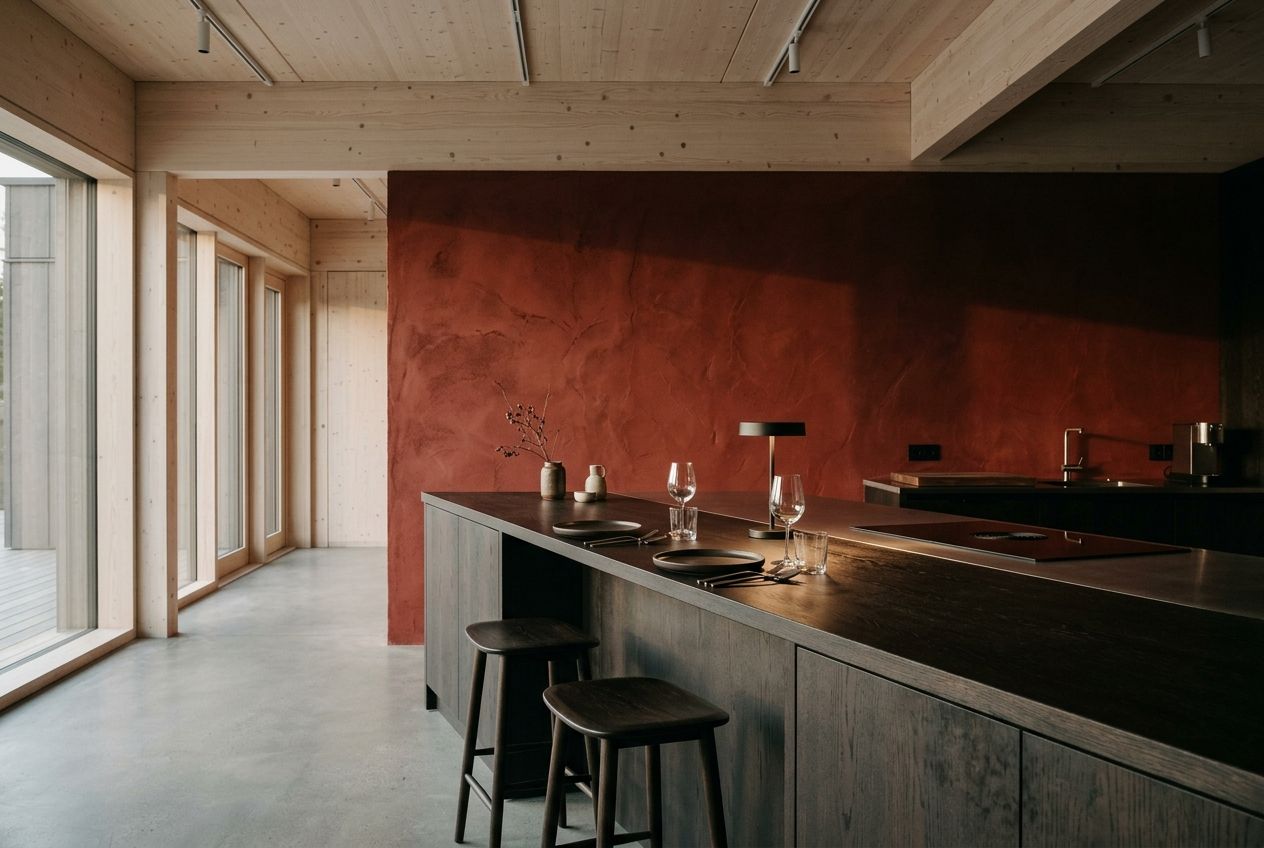 The Kvarts dining room, smoked oak counter against an iron red plaster wall