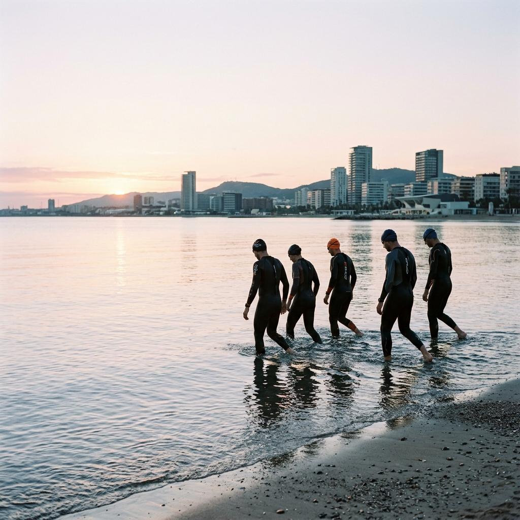 Swimmers wading into the sea at sunrise