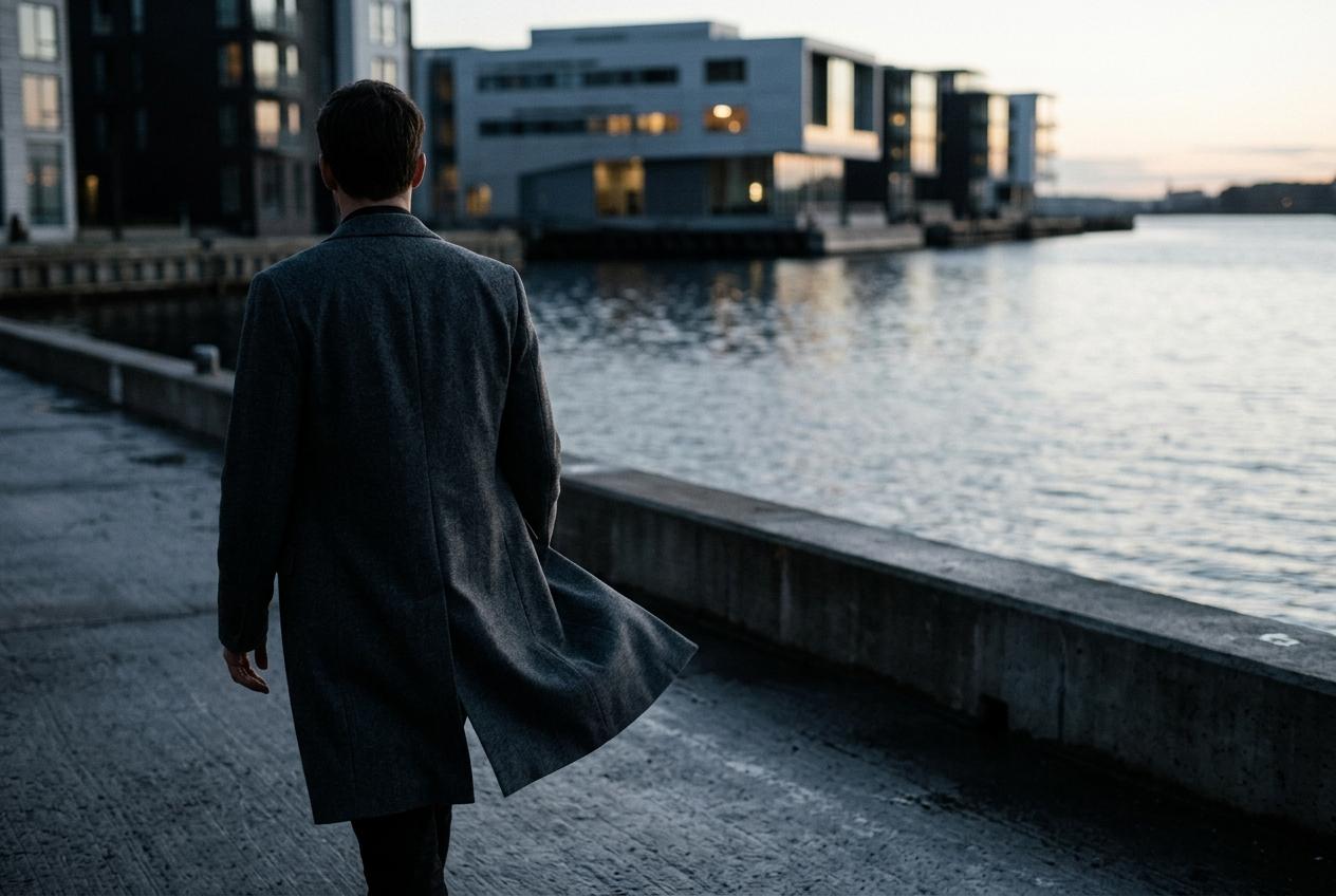 Coat on a figure walking a dock