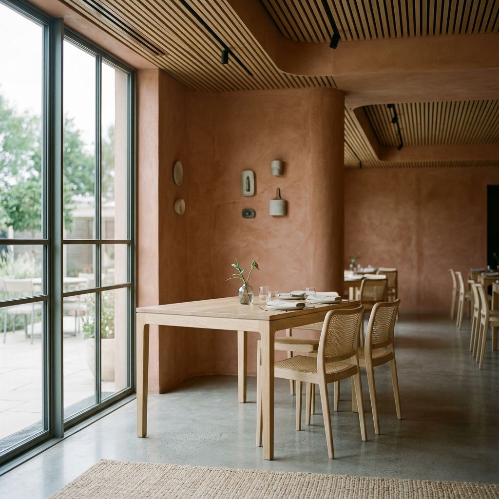 Restaurant with oak tables and a slatted timber ceiling