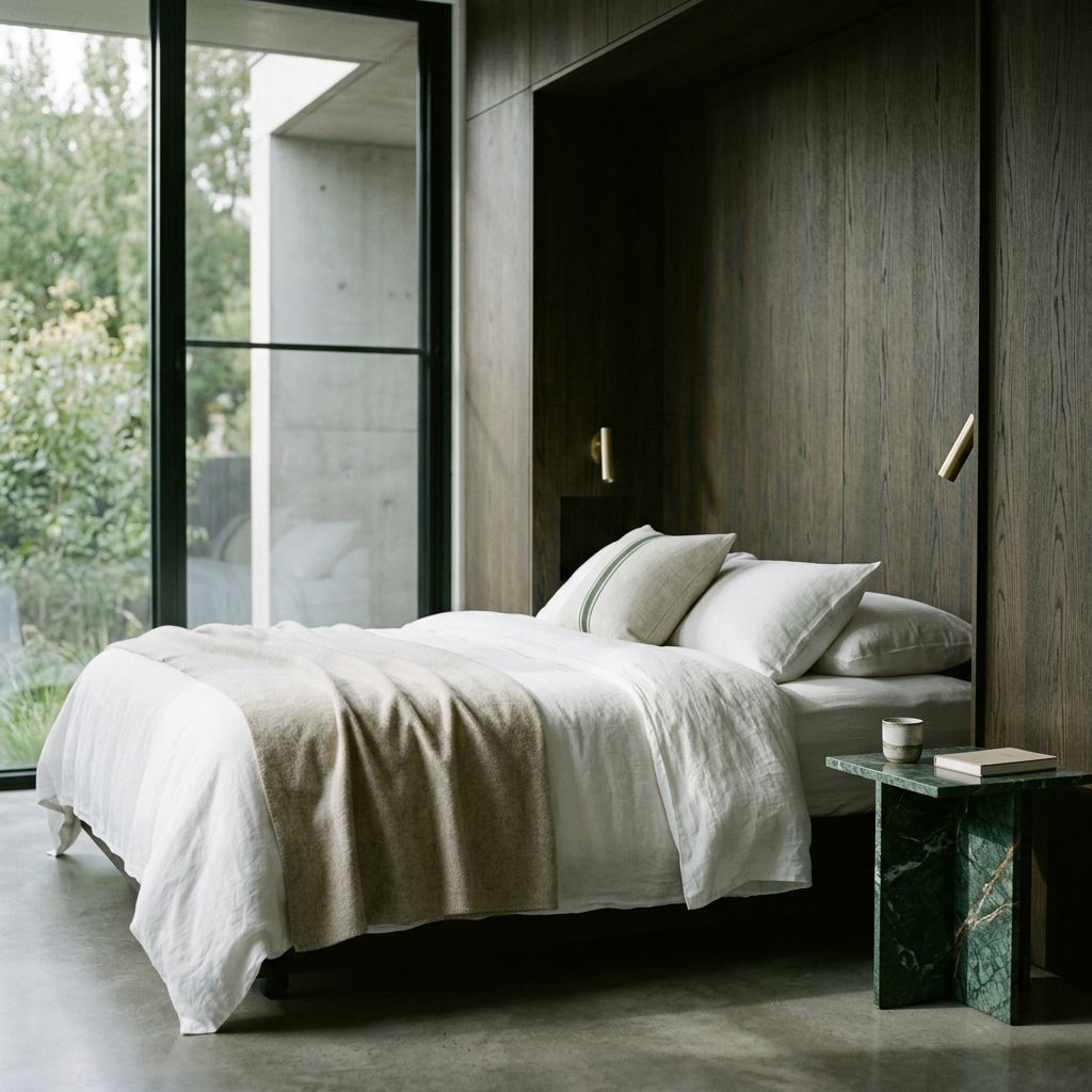 Hotel bedroom with an oak headboard and green marble side table