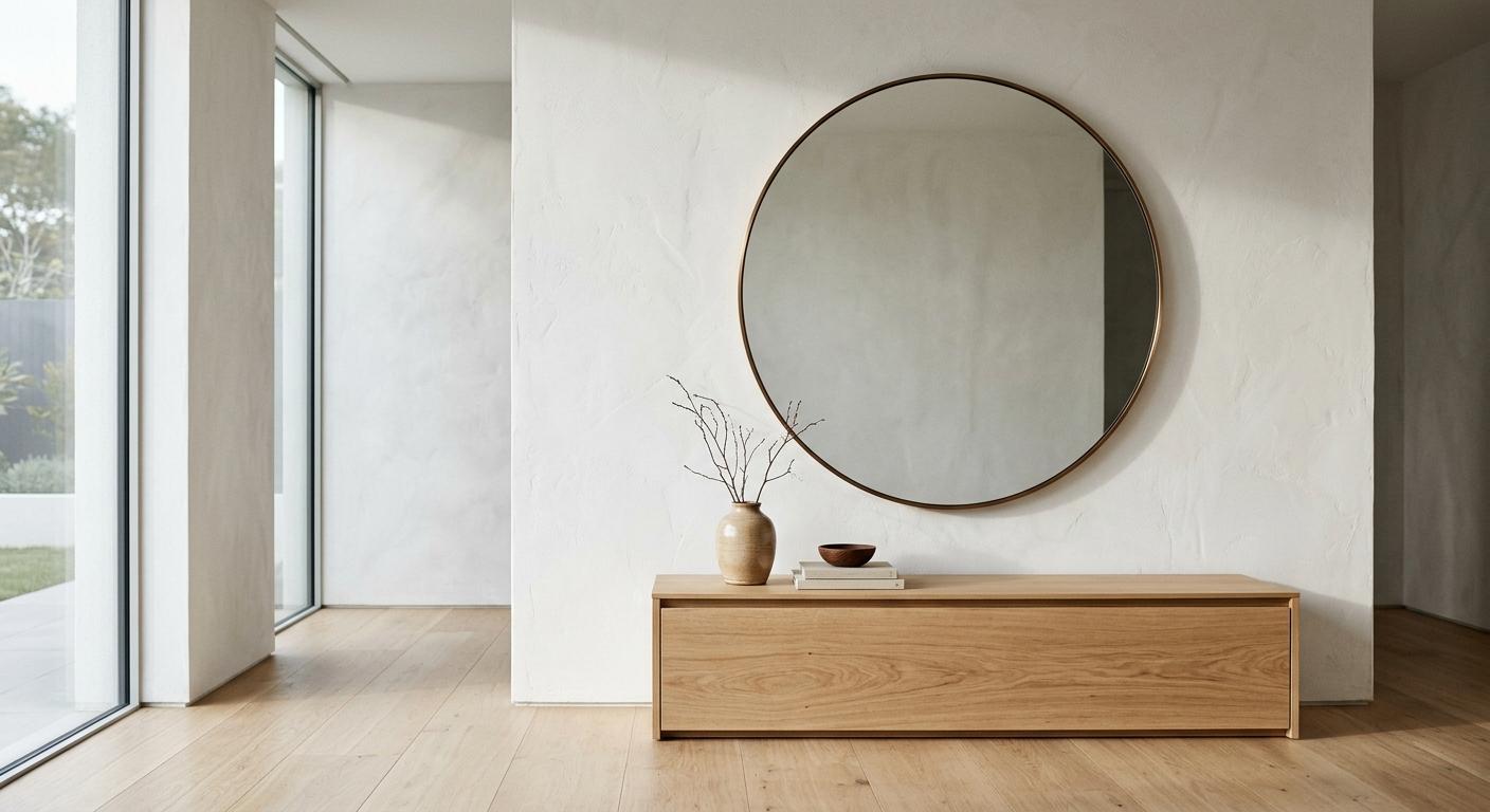 Bronze mirror above an oak console