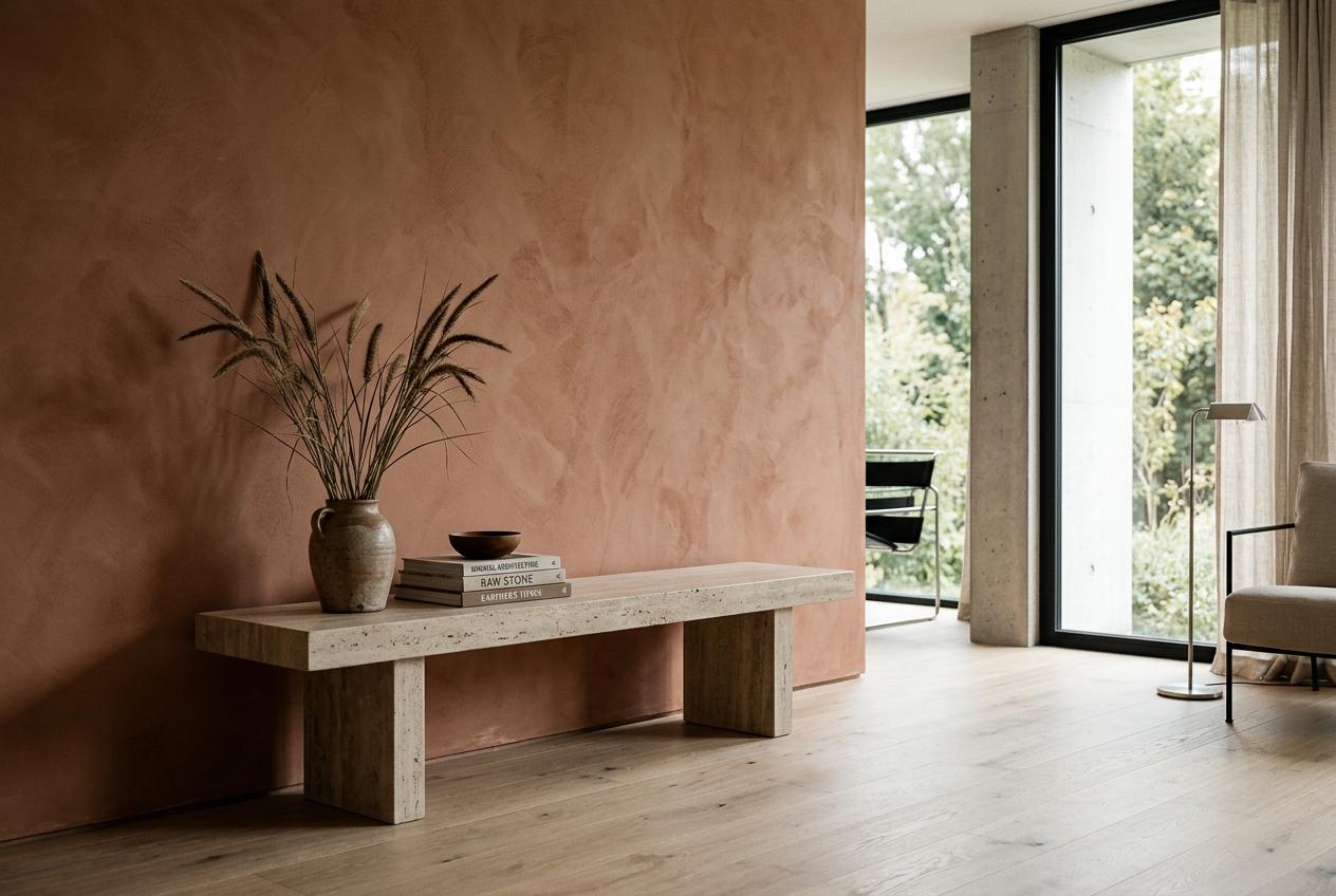 Living room in terracotta limewash and travertine