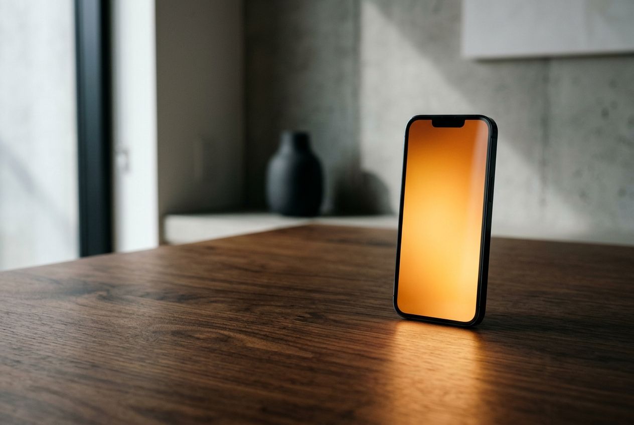 Phone glowing amber on walnut