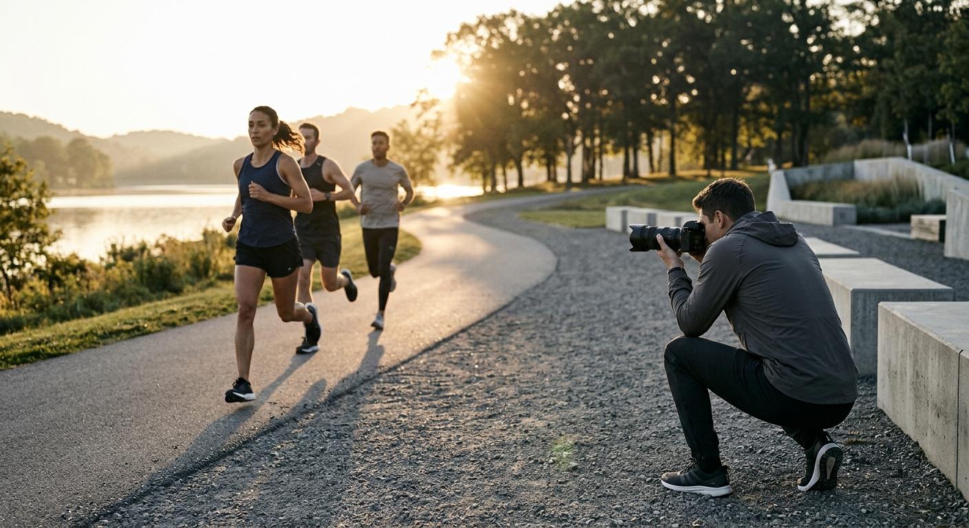 Photographer shooting runners at sunrise