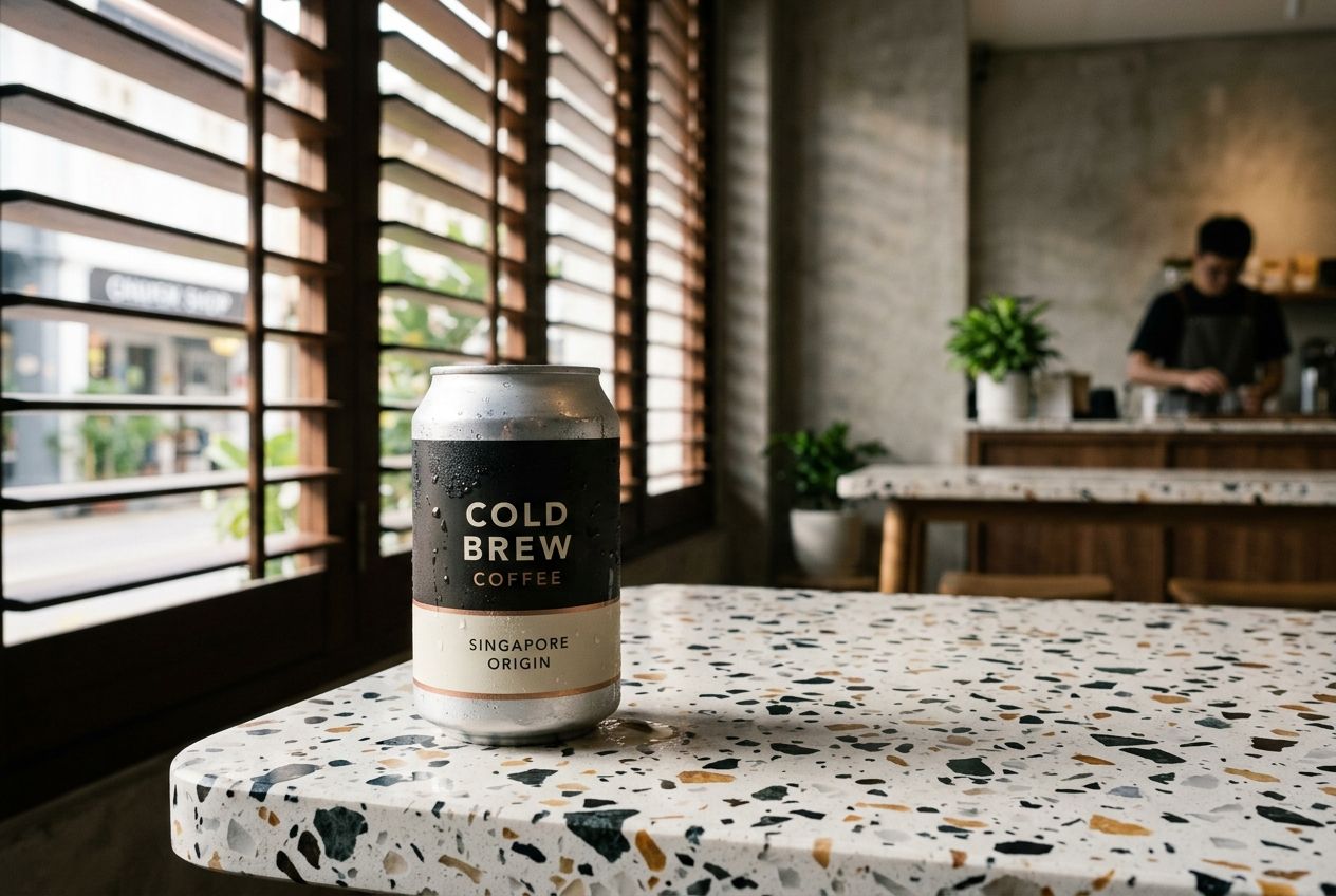 Cold brew can on a terrazzo counter