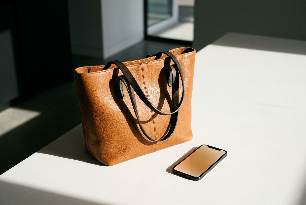 Leather tote beside a glowing phone