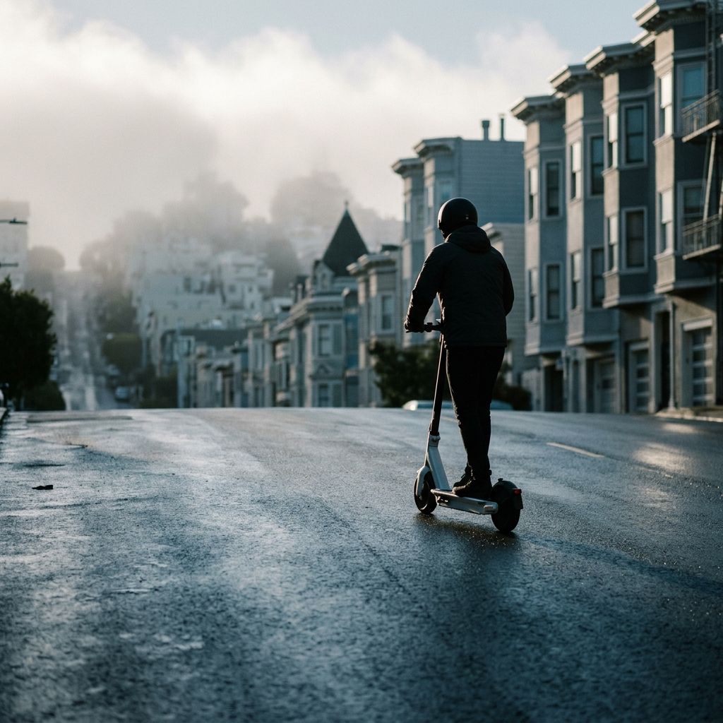 Scooter on a steep street at dawn