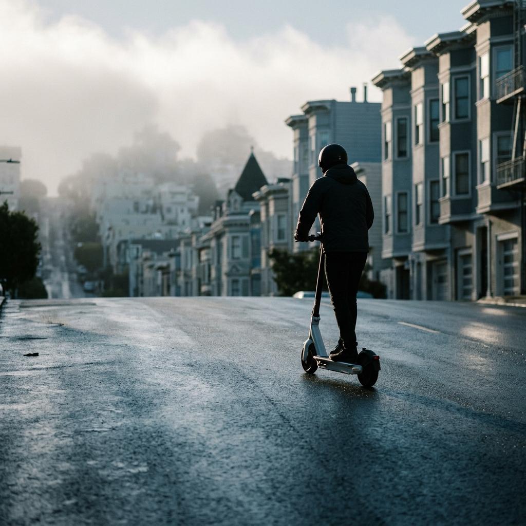 Scooter on a steep street at dawn