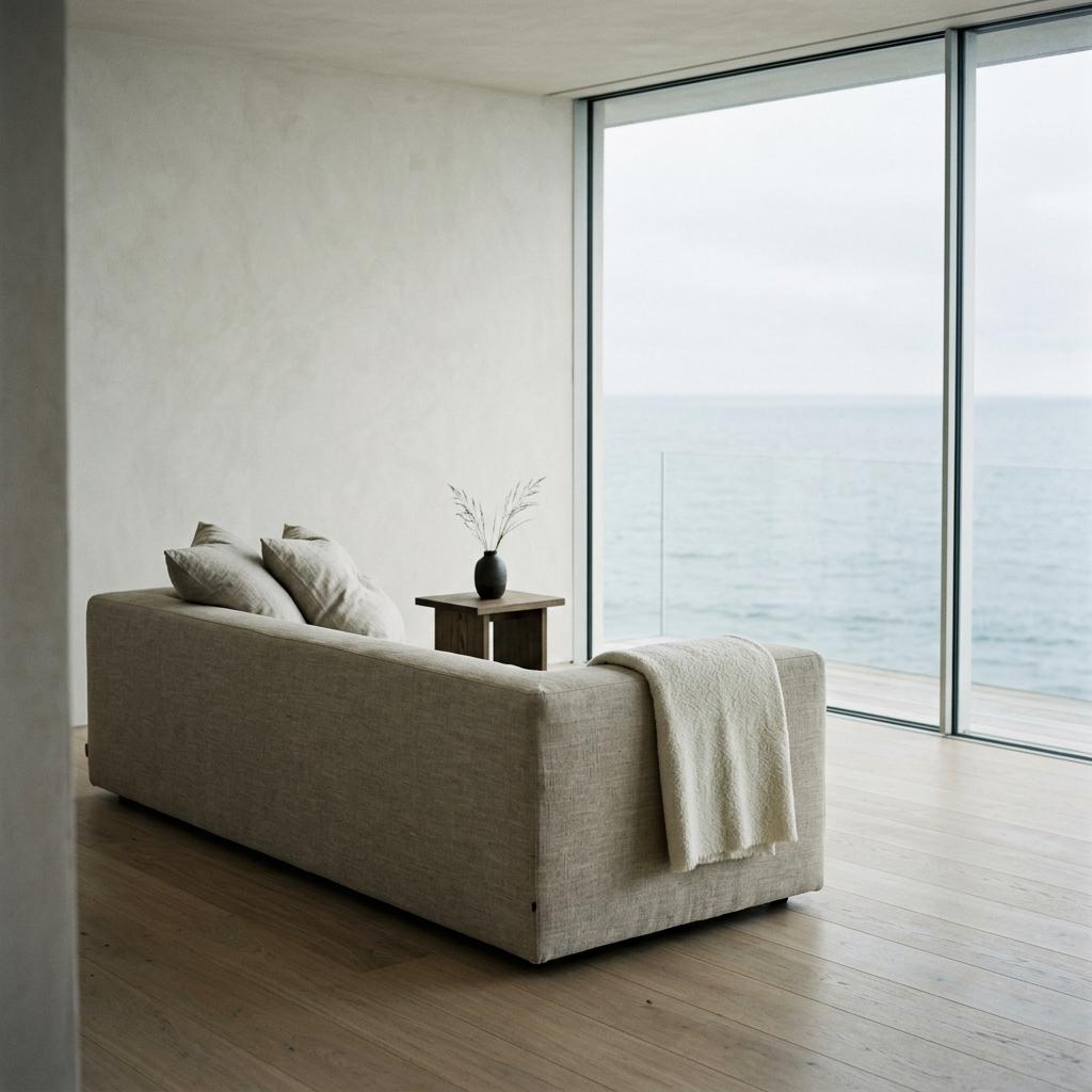 Living room with low sofa facing the sea