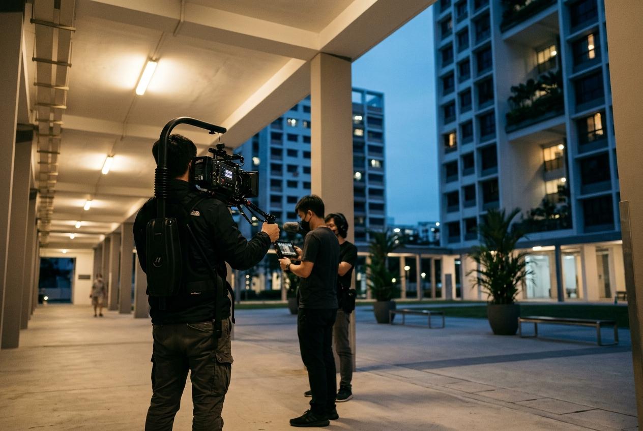 Crew under a covered walkway at dusk