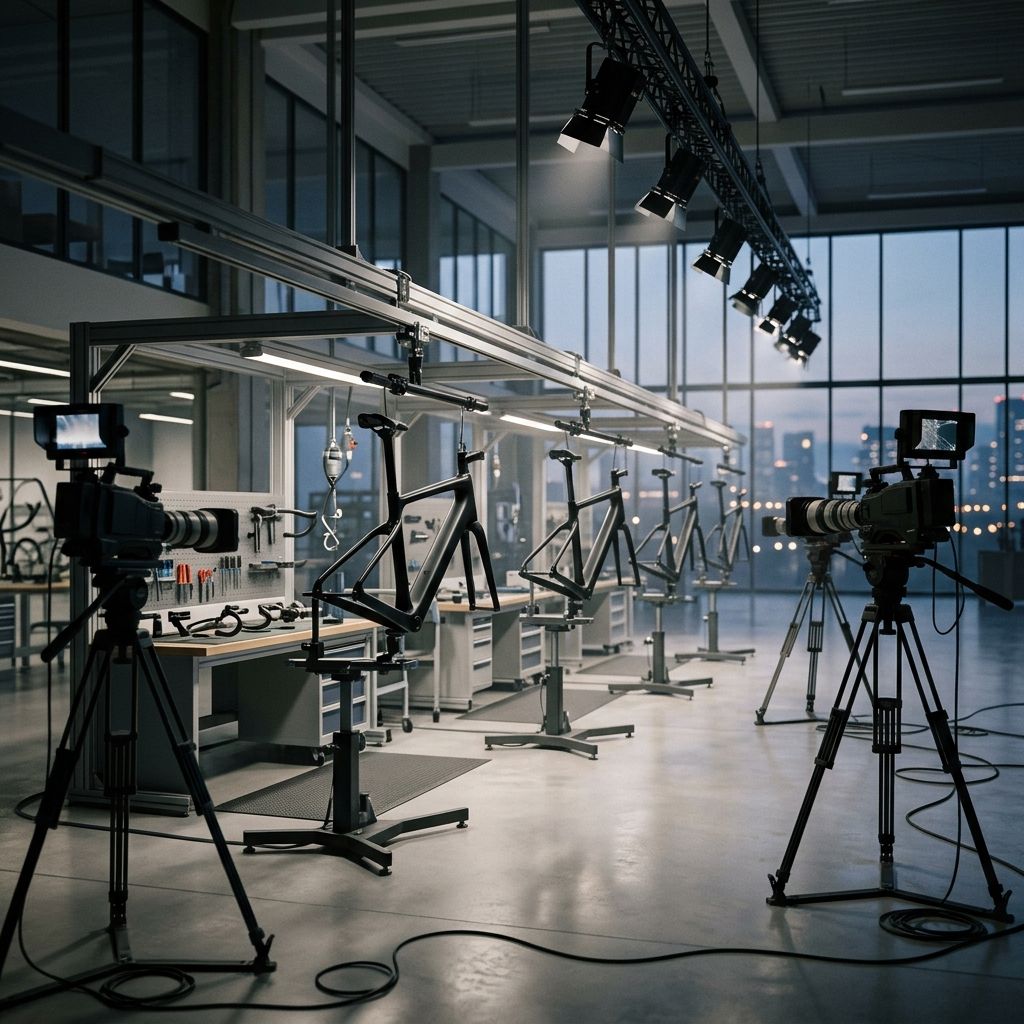 Bicycle assembly line set for a live broadcast
