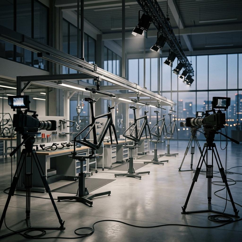 Bicycle assembly line set for a live broadcast
