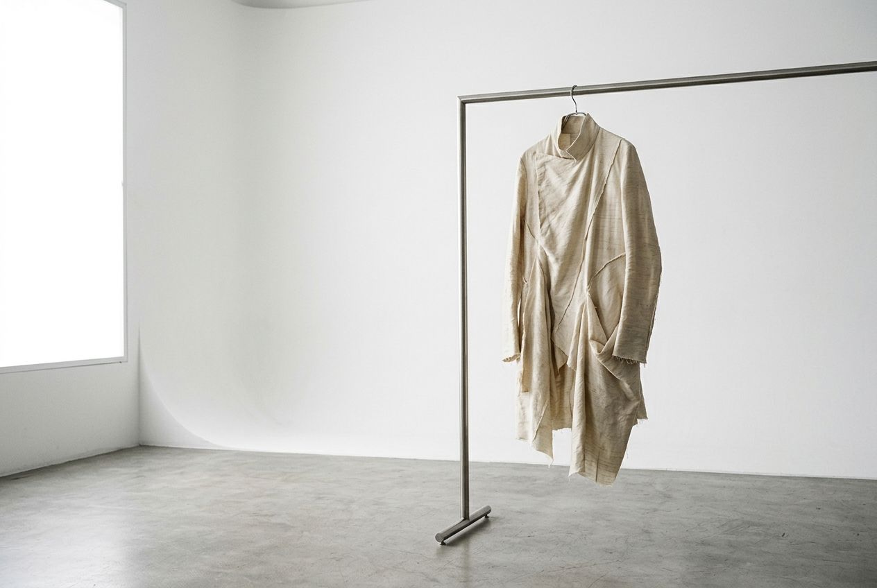 Silk garment on a rail in a white studio