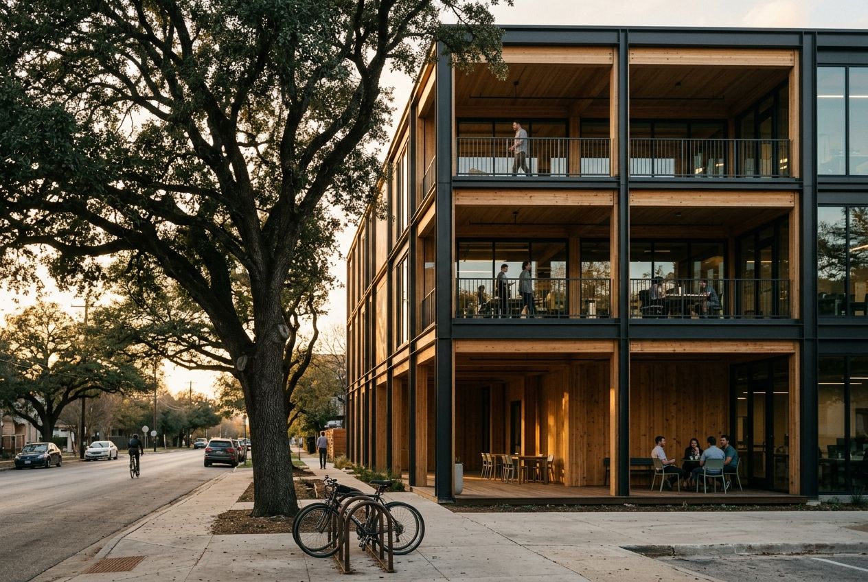 Mass-timber headquarters on Springdale Road at evening