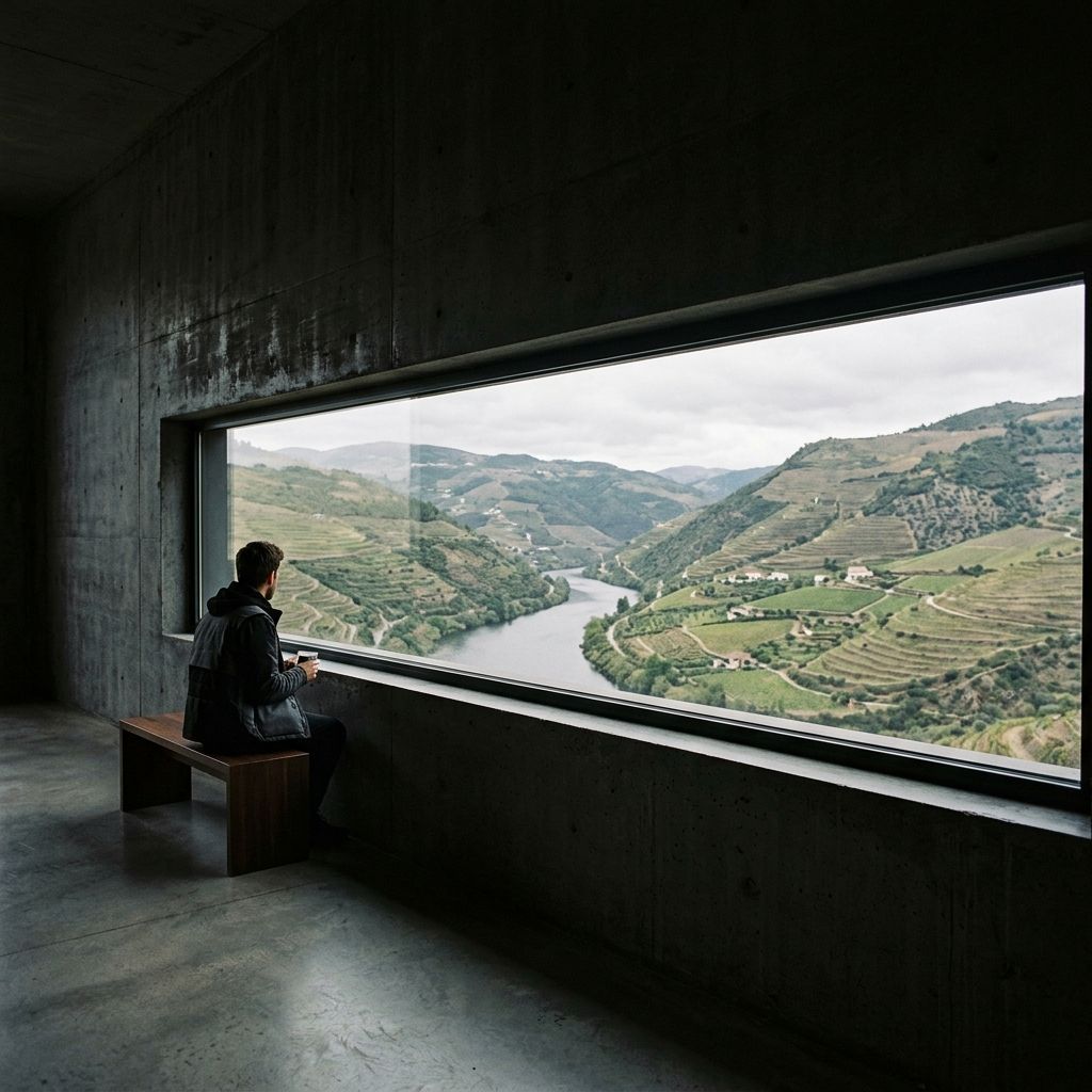 Glazed slot framing the valley from the tasting room