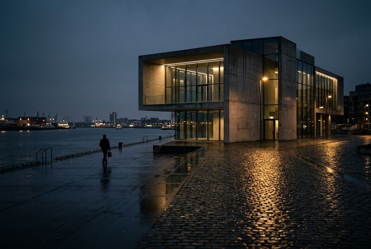 New quay building at dusk