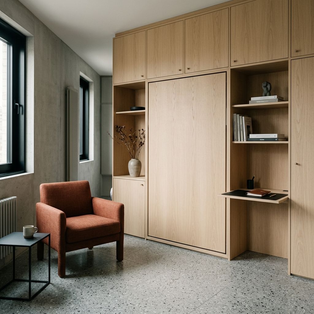 Studio apartment with oak storage wall
