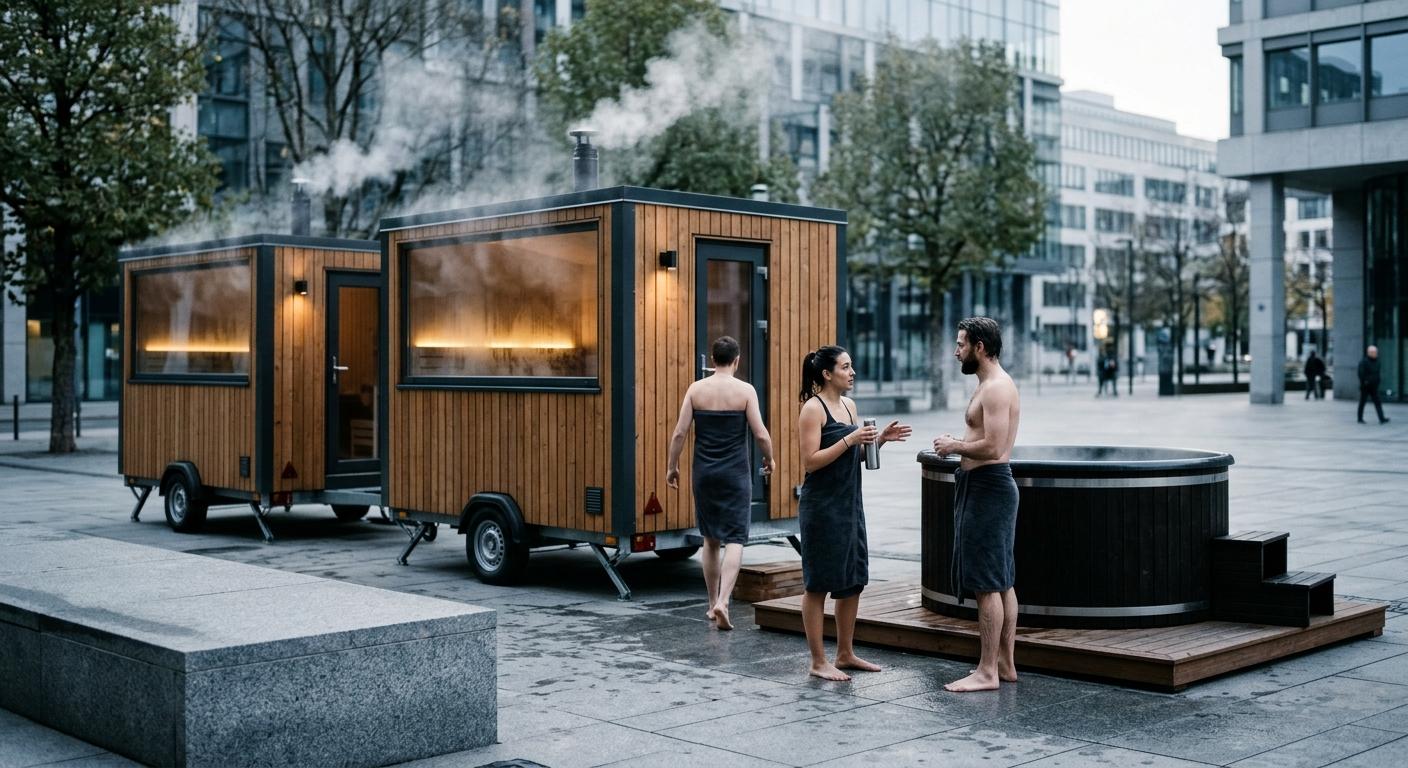Sauna trailers and cold plunge in a plaza