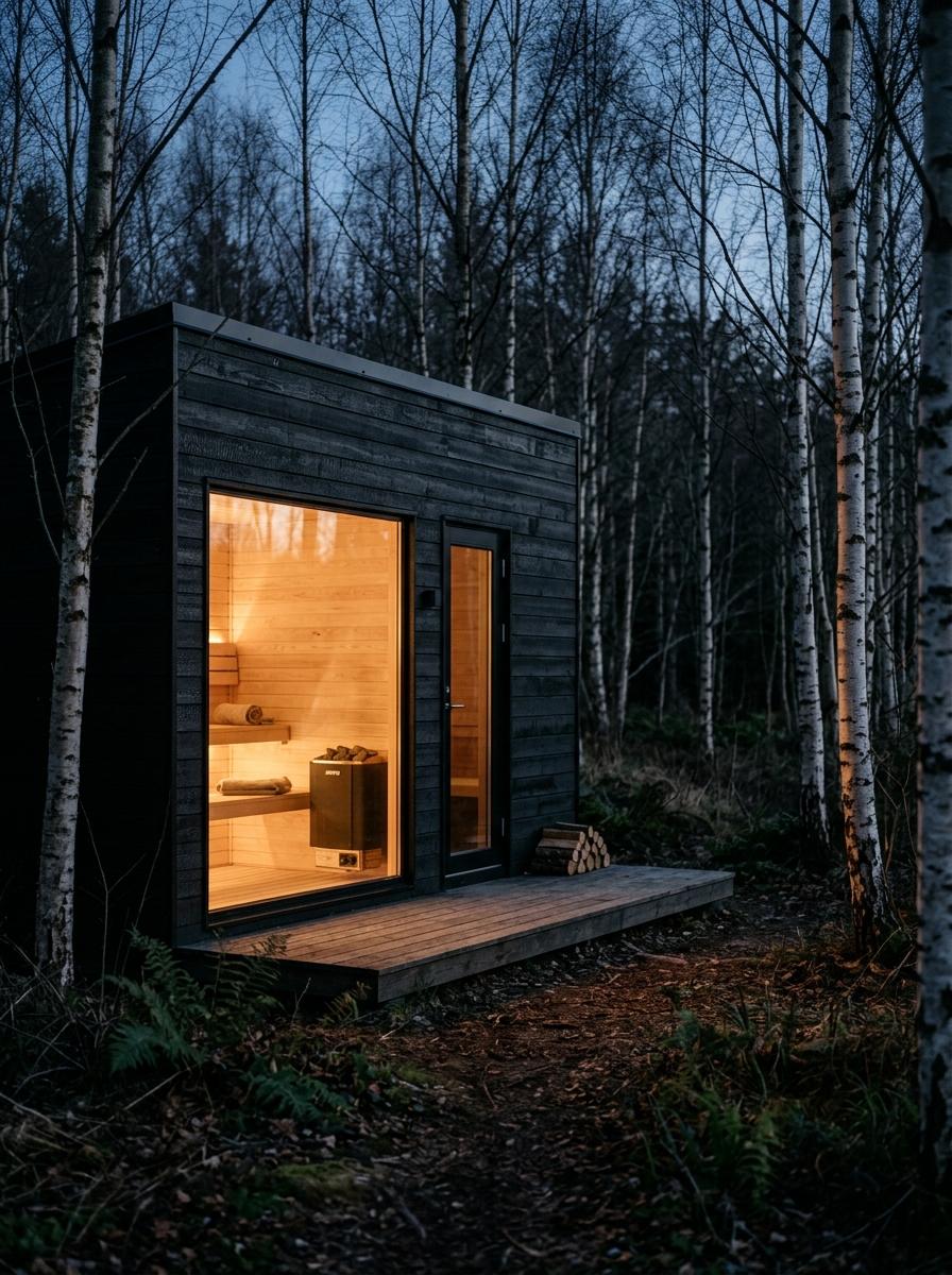 Garden sauna at dusk