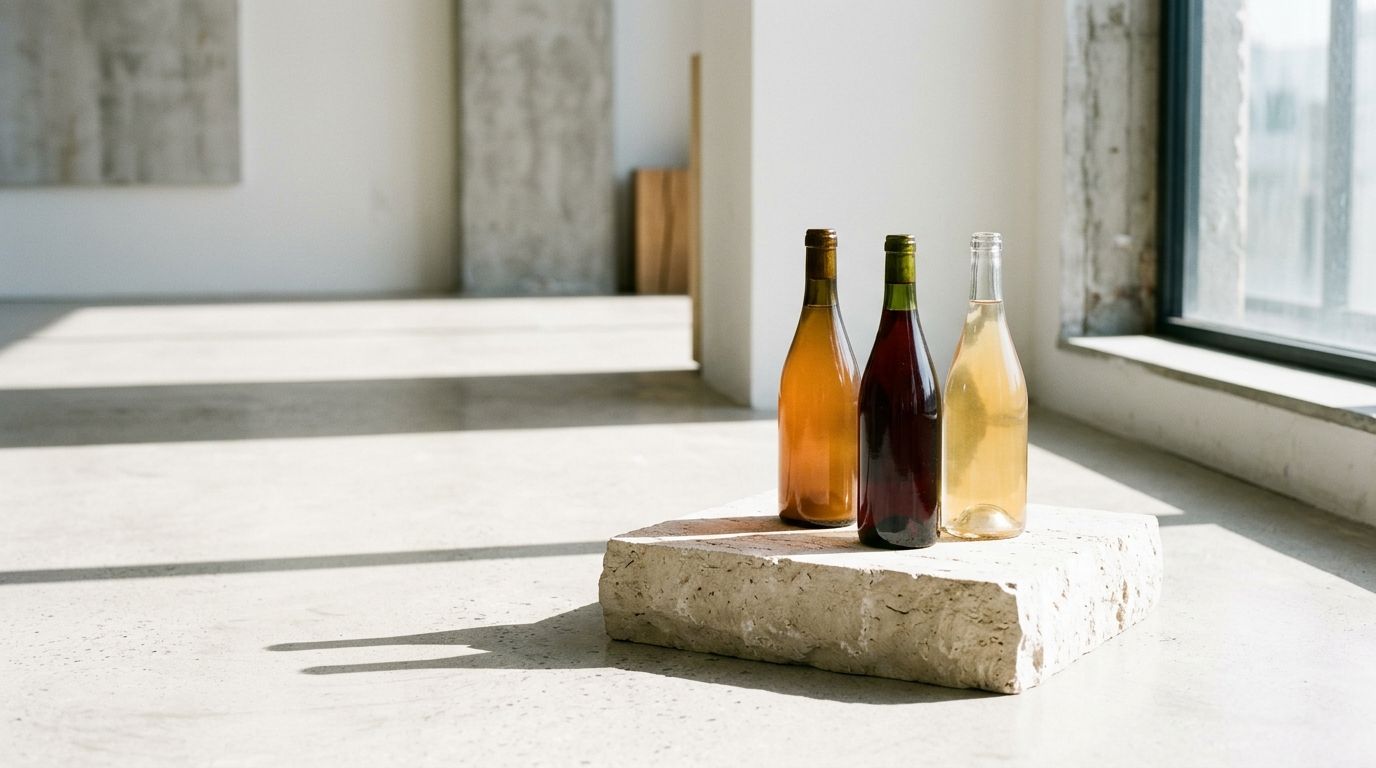 Wine bottles on a stone plinth