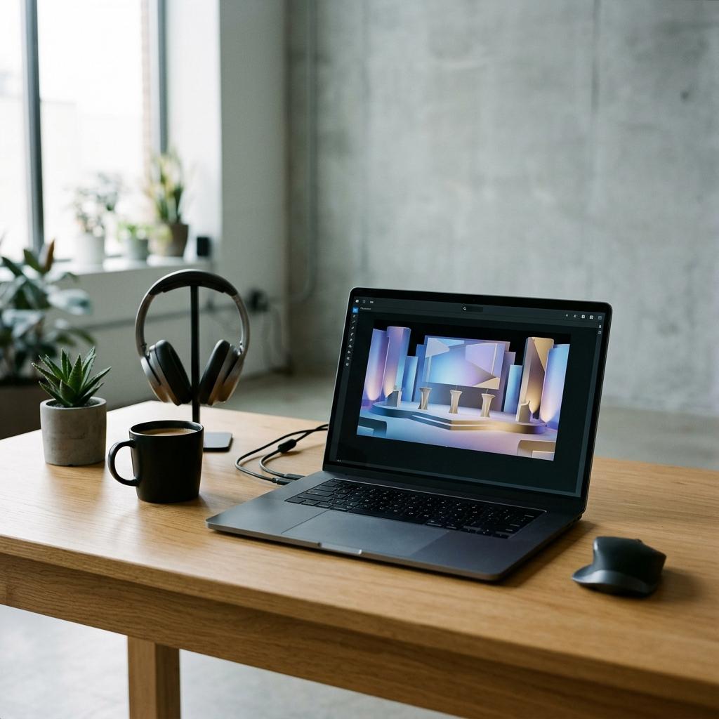 Laptop showing a 3D render of the stage