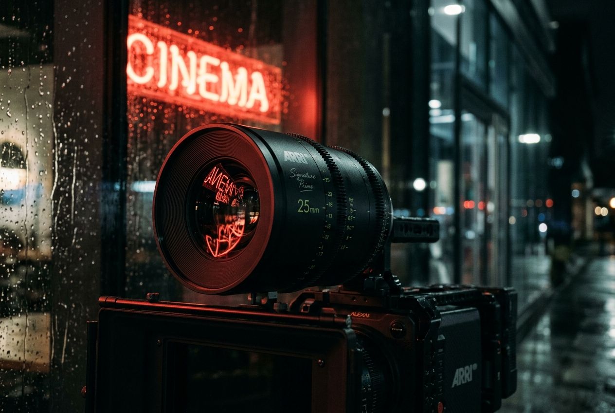 Lens reflecting a neon window