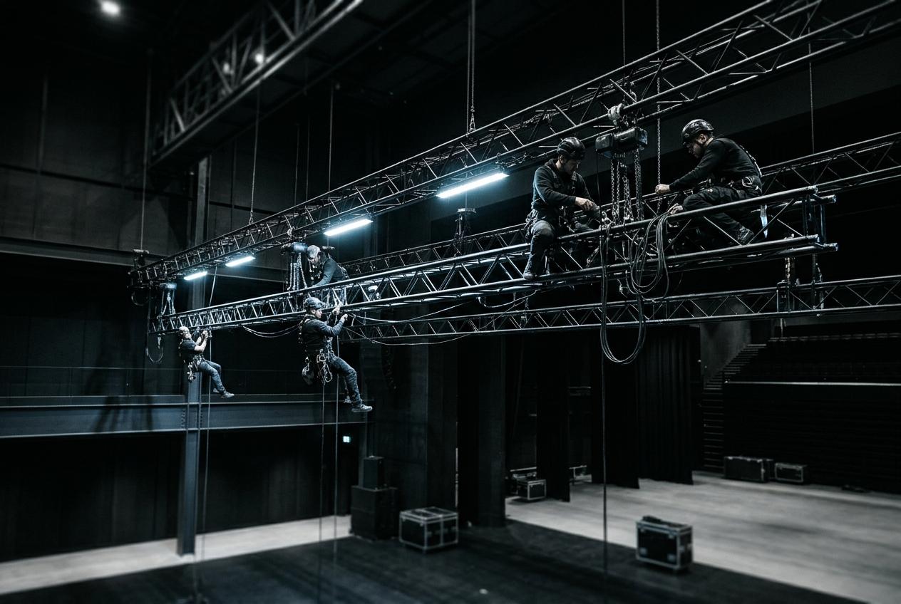 Crew rigging a lighting truss