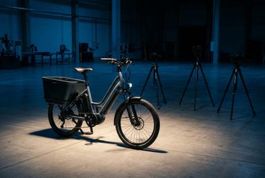 Electric cargo bike under a spotlight on a factory floor