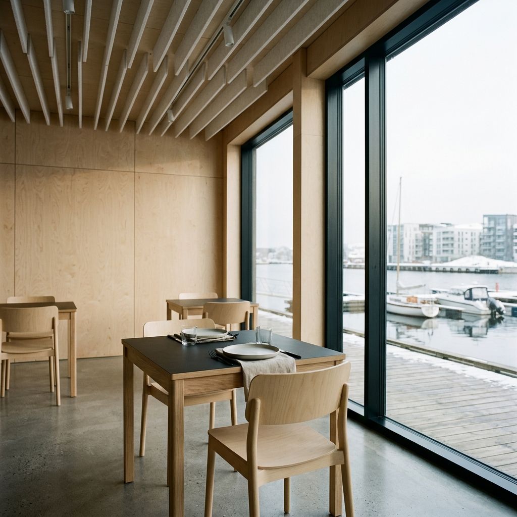 Route two, pale birch dining room in winter daylight