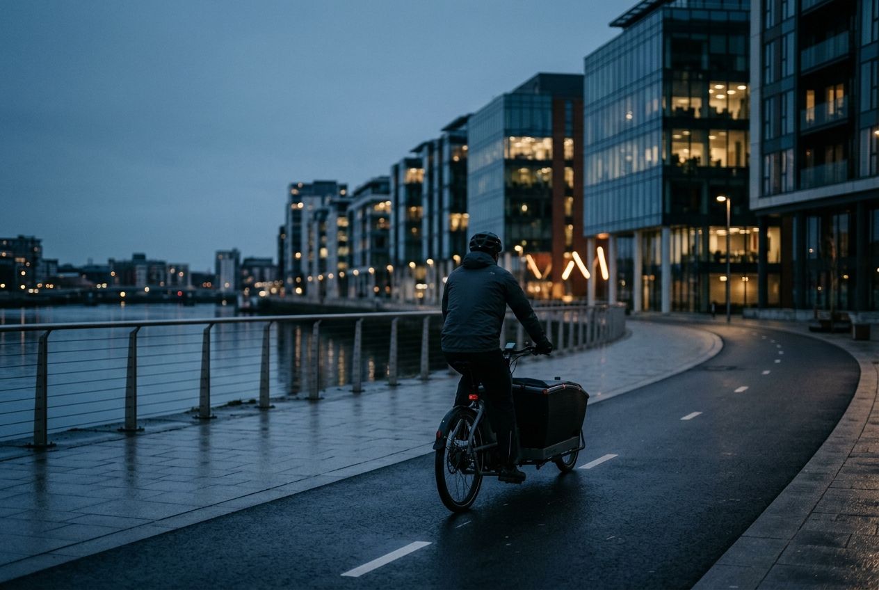 Cargo bike on a quayside cycle lane at blue hour