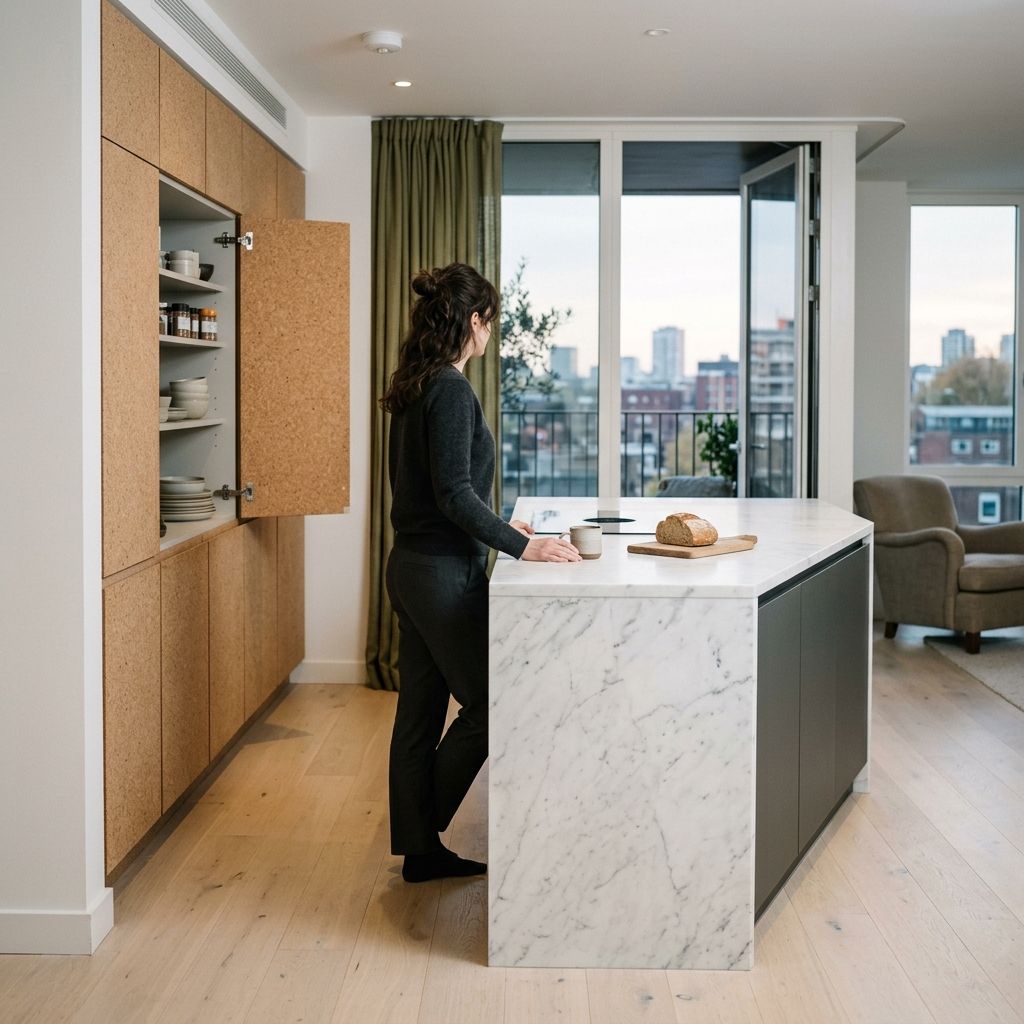 Kitchen with marble island and cork pantry wall