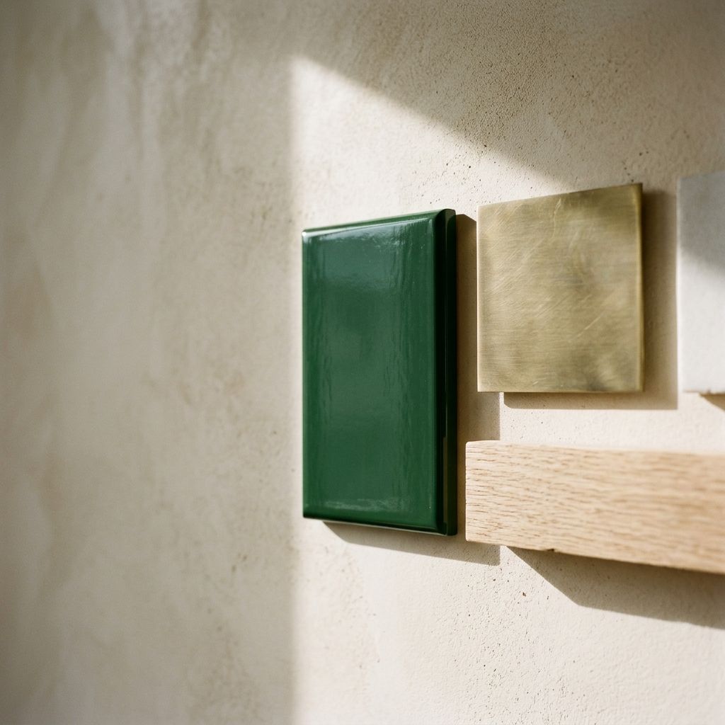 Material samples in green lacquer, plaster, brass and oak