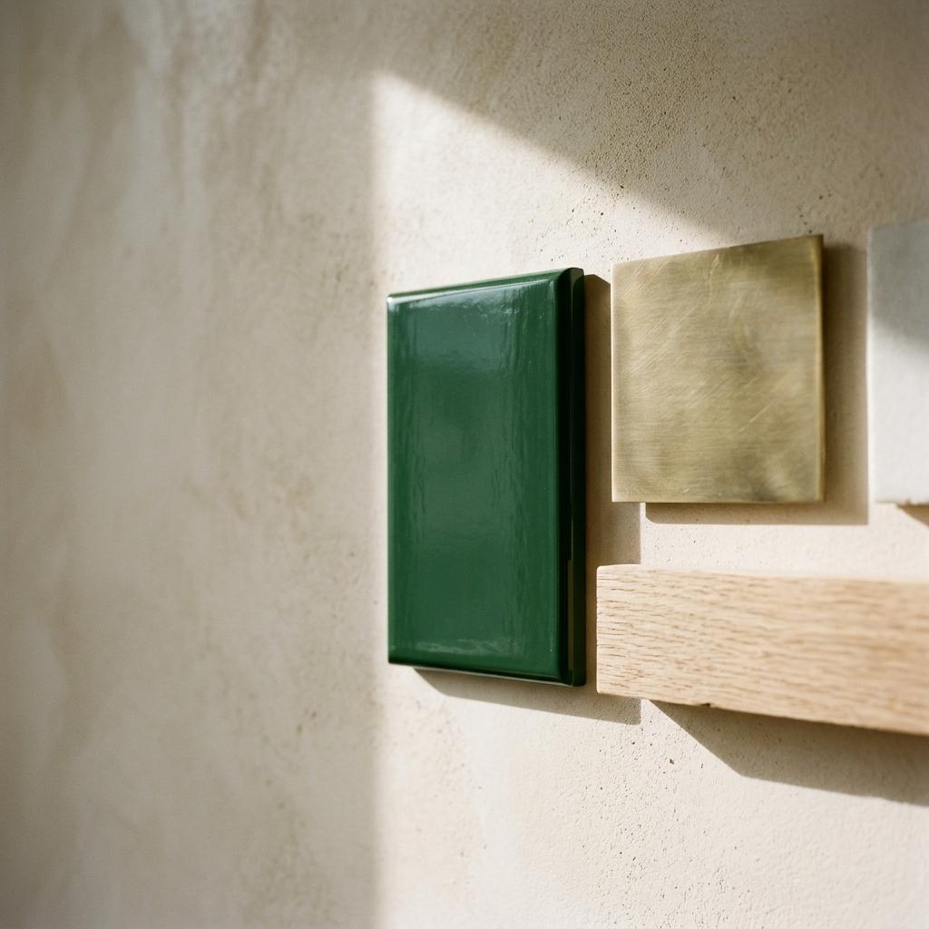 Material samples in green lacquer, plaster, brass and oak