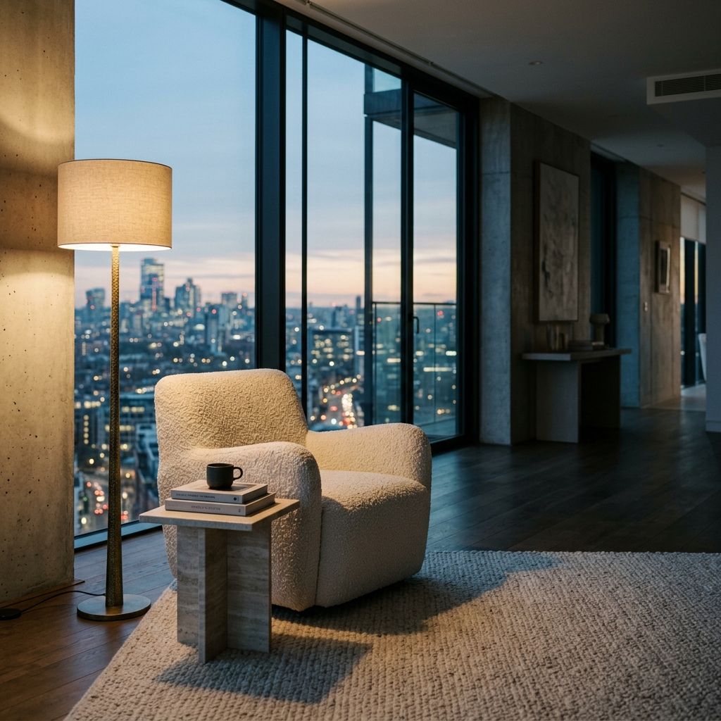 Lowry penthouse living area at dusk