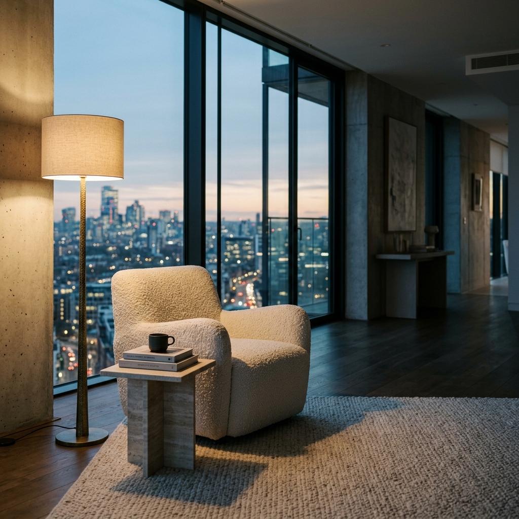 Lowry penthouse living area at dusk