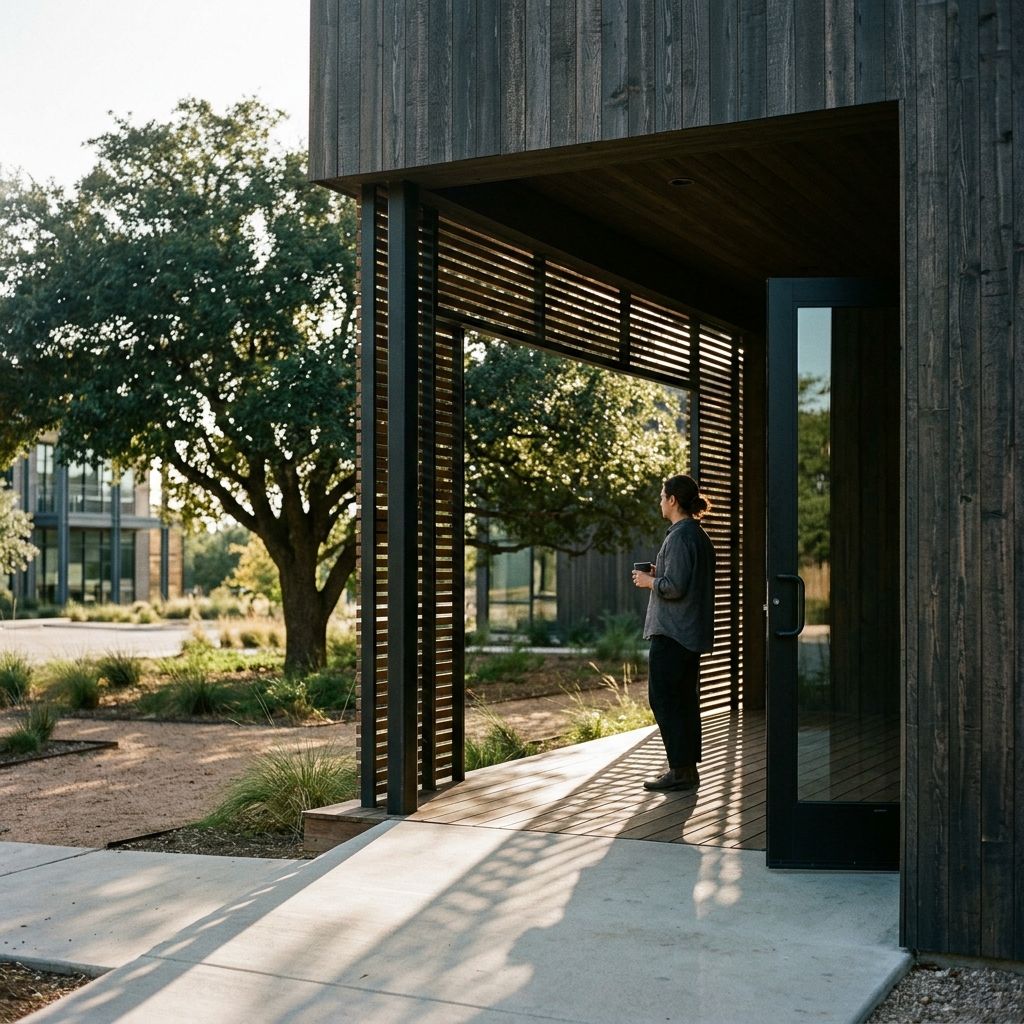 Shaded timber porch on the west face