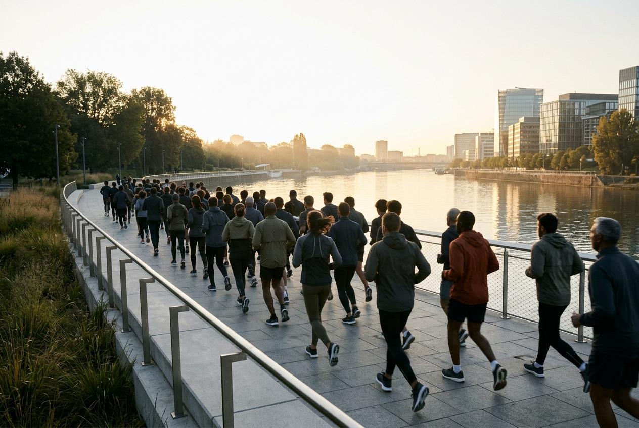 Runners on a riverside path at sunrise
